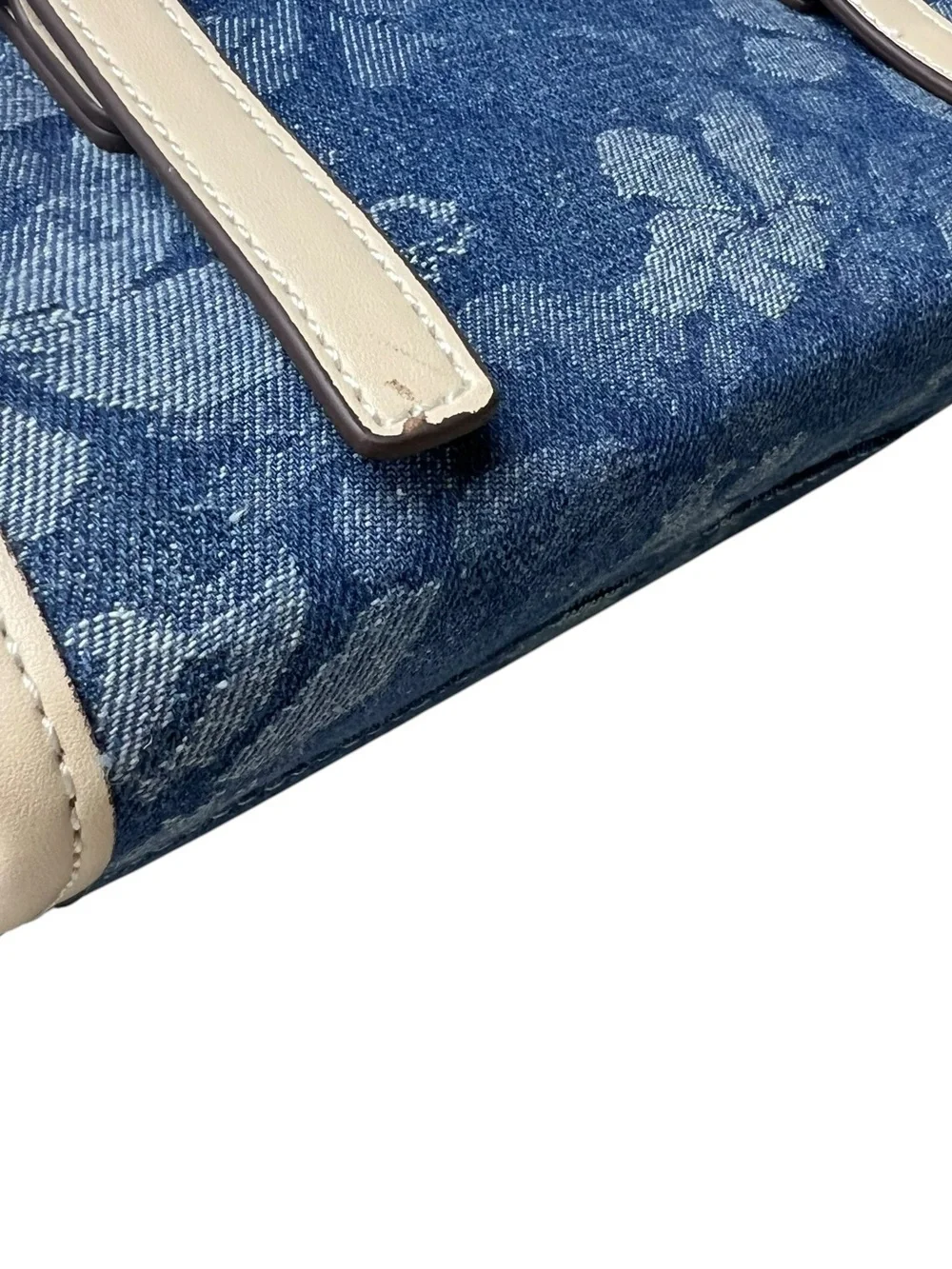 True Religion Blue Floral Denim Tote Purse Shoulder Bag with Cream Trim